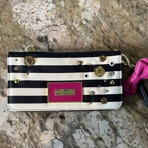 Betsey Johnson Black and White Striped Clutch with Pink and Gold Accents